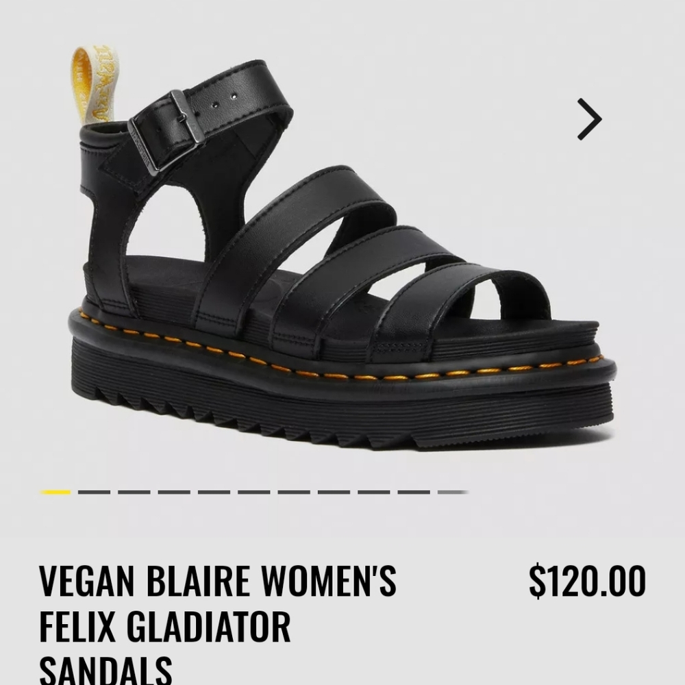 Excellent condition, Dr. Martens Vegan Blaire Felix Gladiator Sandals, blk/6